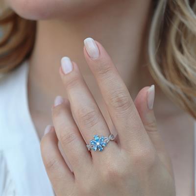 Mavi Zirkon Taşlı Felisya Çiçeği Gümüş Yüzük