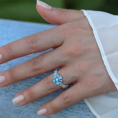 Mavi Zirkon Taşlı Felisya Çiçeği Gümüş Yüzük