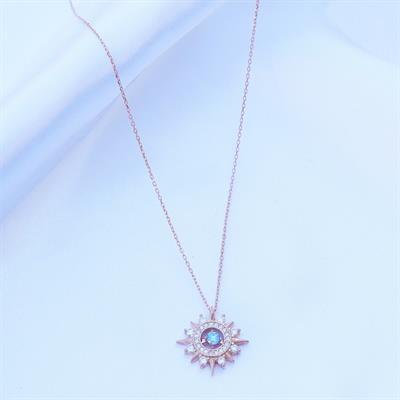 Mavi Zirkon Taşlı Rose Gold Kaplama Lodestar Gümüş Kolye