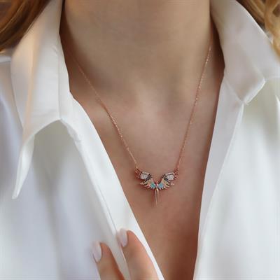 Mikail Meleği Renkli Zirkon Taşlı Rose Gold Kaplama Gümüş Kolye