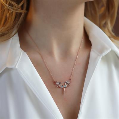 Mikail Meleği Renkli Zirkon Taşlı Rose Gold Kaplama Gümüş Kolye