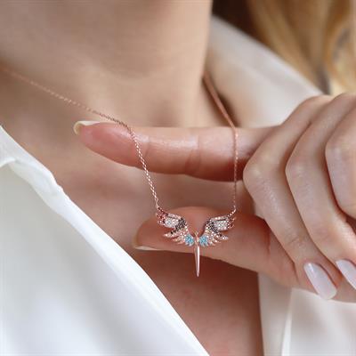 Mikail Meleği Renkli Zirkon Taşlı Rose Gold Kaplama Gümüş Kolye
