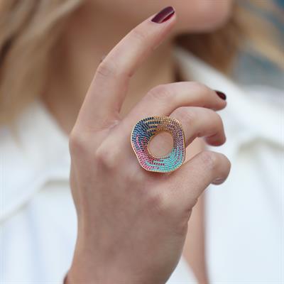 Milliner Renkli Zirkon Taşlı Gold Kaplama Gümüş Yüzük