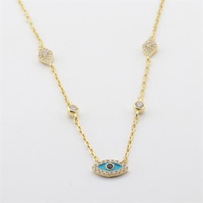 Mine İşli Göz Figürlü Gold Kaplama Trend Gümüş Kolye