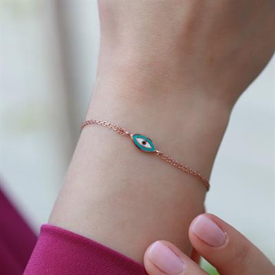 Mine İşli Göz Model Çift Zincirli Rose Gold Kaplama Gümüş Bileklik