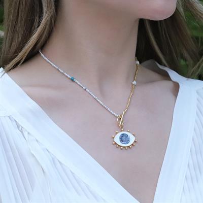 Mine İşli Göz Modeli Gold Kaplama Doğaltaşlı Gümüş Kolye