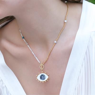 Mine İşli Göz Modeli Gold Kaplama Doğaltaşlı Gümüş Kolye