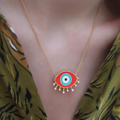 Mine İşli Kırmızı Göz Modeli Gold Kaplama Trend Gümüş Kolye