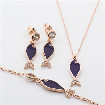 Mine İşli Lacivert Balık Model Zirkon Taşlı Rose Gold Kaplama Gümüş Set