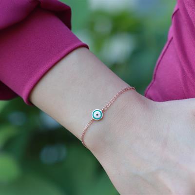 Mine İşli Nazar Boncuğu Çift Zincirli Rose Gold Kaplama Gümüş Bileklik