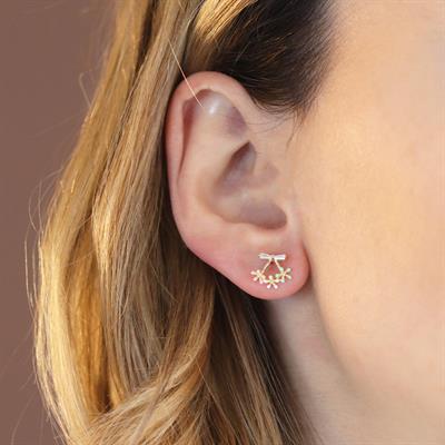 Mini Renkli Çiçek Fiyonk Modeli Gold Kaplama Gümüş Küpe