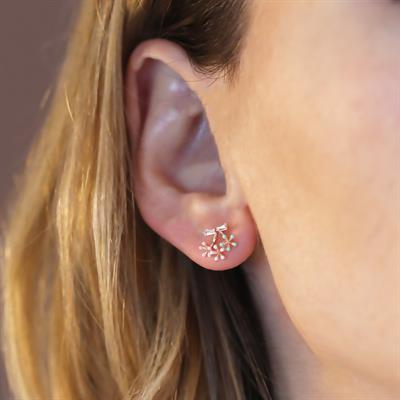 Mini Renkli Çiçek Fiyonk Modeli Rose Gold Kaplama Gümüş Küpe