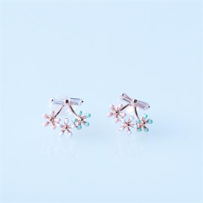 Mini Renkli Çiçek Fiyonk Modeli Rose Gold Kaplama Gümüş Küpe