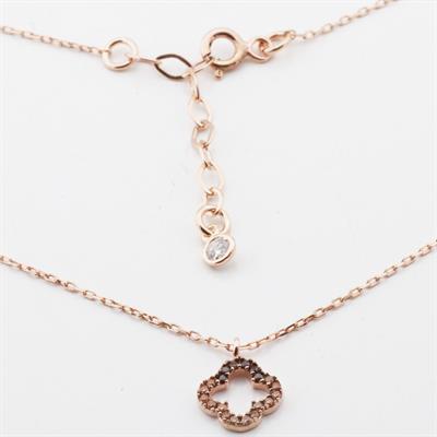 Mini Yonca Figürlü Rose Gold Kaplama Zirkon Taşlı Gümüş Kolye