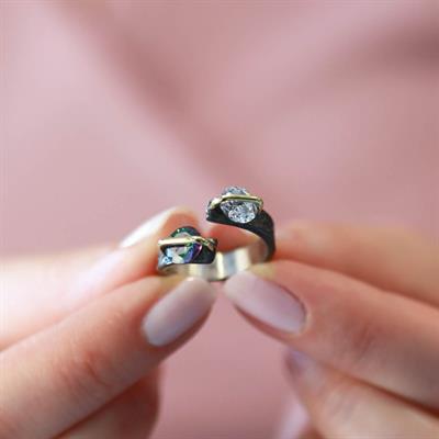 Mistik Topaz ve Zirkon Taşlı 2li Yuvarlak Gold Çizgili Ayarlanabilir Gümüş Yüzük