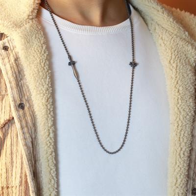 Mühür Ve Kılıç Figürlü Siyah Zirkon Taşlı Erkek Gümüş Kolye