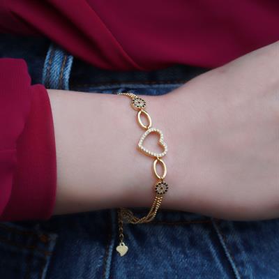 Nazar Boncuklu Kalpli Gold Kaplama Gümüş Bileklik