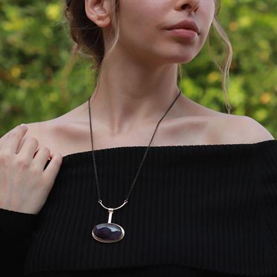 Oval Ametist Taşlı Zinciri Oksitli Otantik Gümüş Kolye