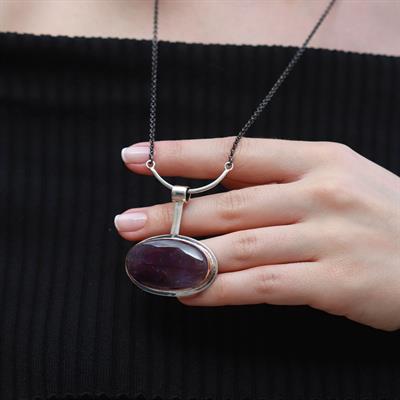 Oval Ametist Taşlı Zinciri Oksitli Otantik Gümüş Kolye