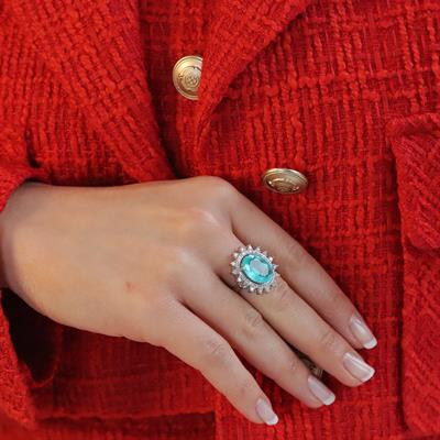 Oval Pırıltılı Paraiba Taşlı Gümüş Yüzük