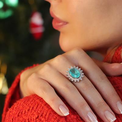 Oval Pırıltılı Paraiba Taşlı Gümüş Yüzük