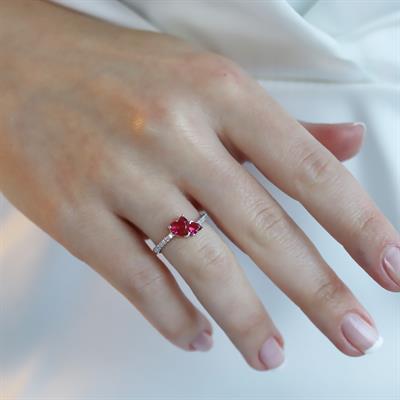 Pndr İki Kalp Kırmızı Zirkon Taşlı Gümüş Yüzük