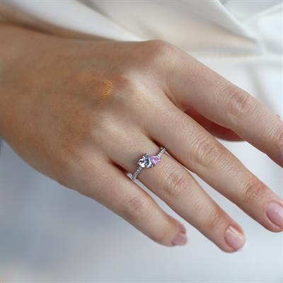 Pndr İki Kalp Pembe Zirkon Taşlı Gümüş Yüzük