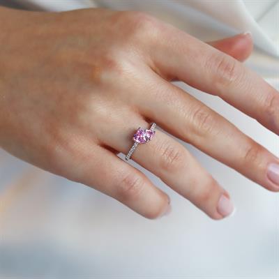 Pndr İki Kalp Pembe Zirkon Taşlı Gümüş Yüzük