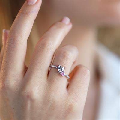 Pndr İki Kalp Pembe Zirkon Taşlı Gümüş Yüzük