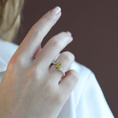 Pndr İki Kalp Sitrin Taşlı Gümüş Yüzük