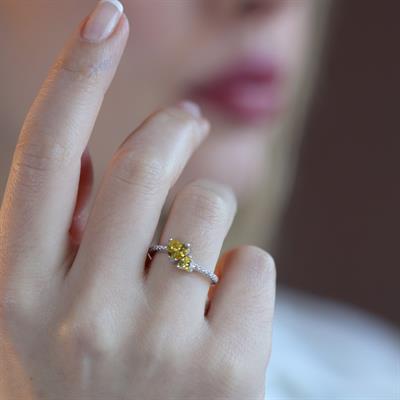 Pndr İki Kalp Sitrin Taşlı Gümüş Yüzük