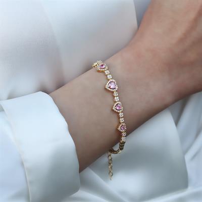 Pembe Kalp Gold Kaplama Gümüş Bileklik