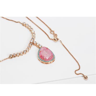 Pembe Kuvars Taşlı Asansör Zincirli Rose Gold Kaplama Gümüş Kolye
