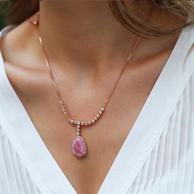Pembe Kuvars Taşlı Asansör Zincirli Rose Gold Kaplama Gümüş Kolye