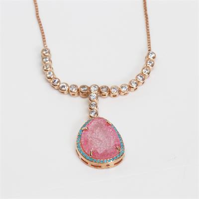 Pembe Kuvars Taşlı Asansör Zincirli Rose Gold Kaplama Gümüş Kolye