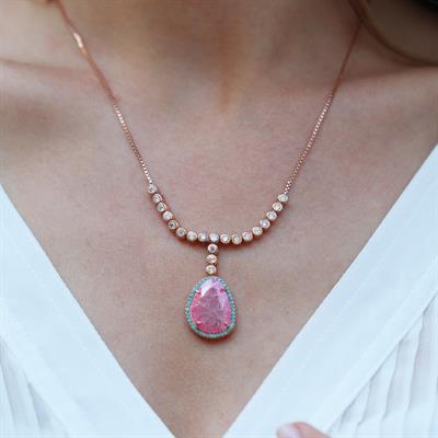 Pembe Kuvars Taşlı Asansör Zincirli Rose Gold Kaplama Gümüş Kolye