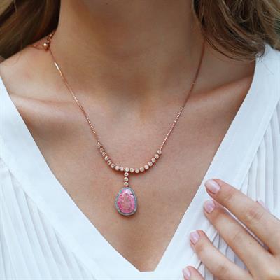 Pembe Kuvars Taşlı Asansör Zincirli Rose Gold Kaplama Gümüş Kolye