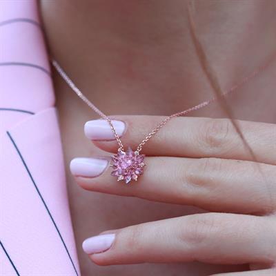 Pembe Kuvars Taşlı Lotus Çiçcekli Gümüş Set
