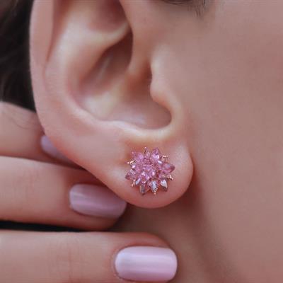 Pembe Kuvars Taşlı Lotus Çiçcekli Gümüş Set