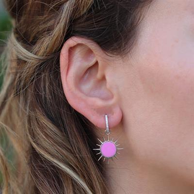 Pembe Mine İşli Güneş Gümüş Küpe