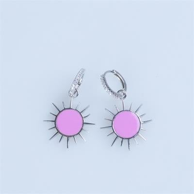 Pembe Mine İşli Güneş Gümüş Küpe