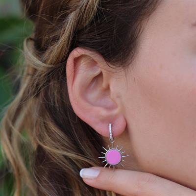 Pembe Mine İşli Güneş Gümüş Küpe