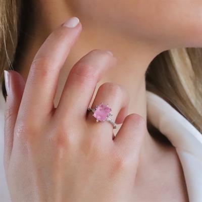 Pembe Paraiba Taşlı Kare Lotus Çiçeği Gümüş Yüzük