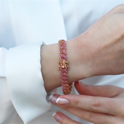 Pembe Zirkon Taş Gold Kaplama Gümüş Gurmet Bileklik