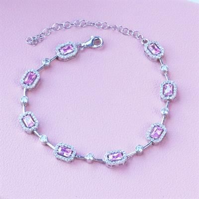 Pembe Zirkon Taşlı Baget Sıralı Gümüş Bileklik