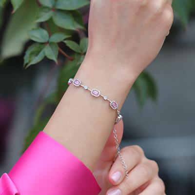 Pembe Zirkon Taşlı Baget Sıralı Gümüş Bileklik