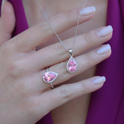 Pembe Zirkon Taşlı Damla Modeli Gümüş Takım