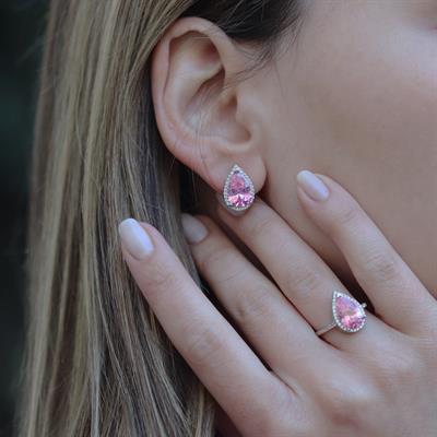 Pembe Zirkon Taşlı Damla Modeli Gümüş Takım