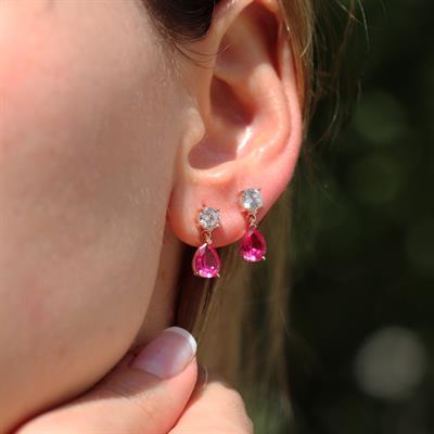 Pembe Zirkon Taşlı Damla Rose Gold Kaplama Gümüş Küpe