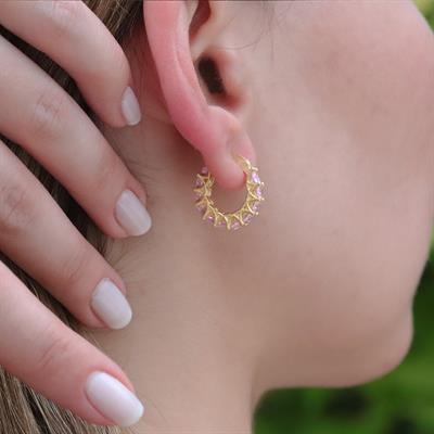 Pembe Zirkon Taşlı Gold Kaplama Halka Gümüş Küpe